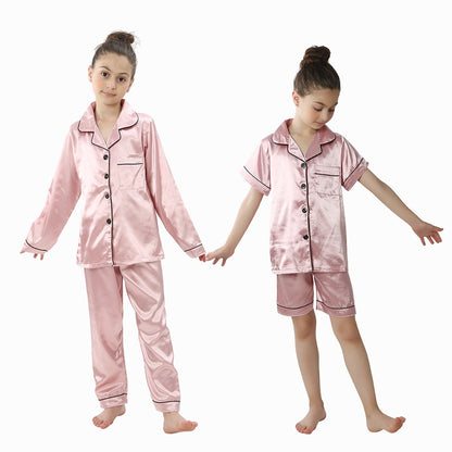 2 to 14 Years Boys Girls Pajamas Sets Kids Silk Satin Top Pant Long/Short Sleeve Solid Pyjamas Suits Nightgown Child Sleepwear