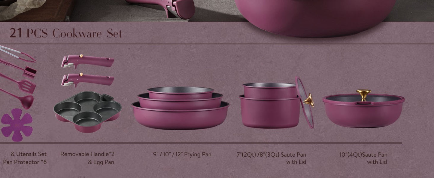 21pcs Pots and Pans Set, Nonstick Cookware Set Detachable Handle, Induction Kitchen Cookware Sets Non Stick with Removable Handl