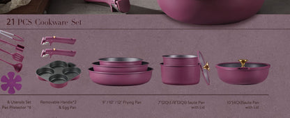 21pcs Pots and Pans Set, Nonstick Cookware Set Detachable Handle, Induction Kitchen Cookware Sets Non Stick with Removable Handl