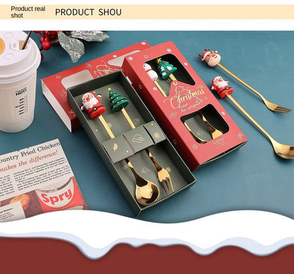 Warm Christmas Gift! Creative Santa Doll Dessert Spoon Fork 2-Piece Set Portable Tableware in Gift Box Sweet Surprise Friends