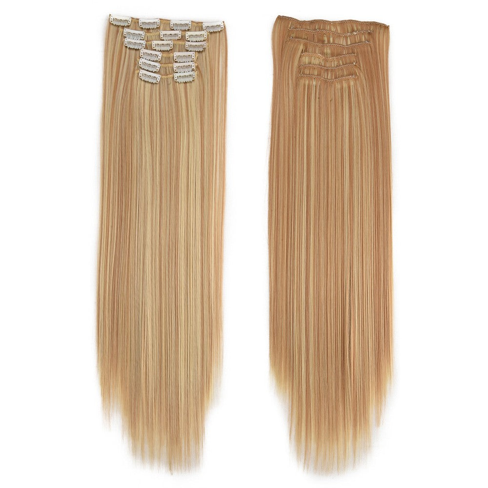 16 Presilhas em Extensões de Cabelo 60cm de Comprimento Liso Sintético Loiro Preto Peças de Cabelo Resistente ao Calor Cabelo Falso 6 Peças/Conjunto