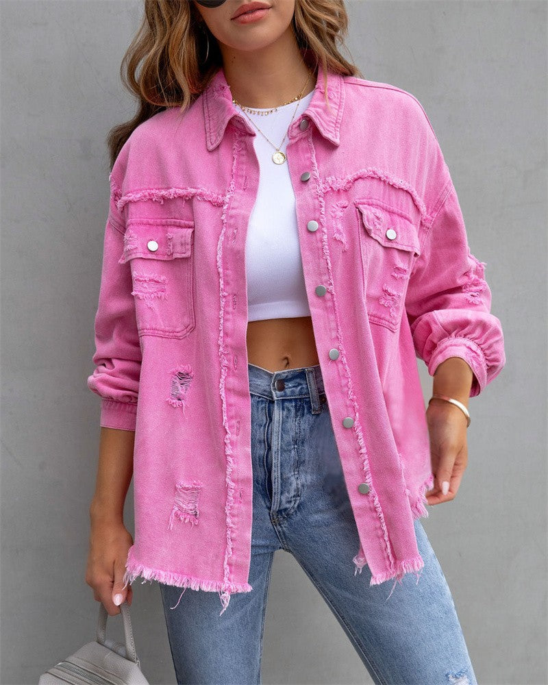 2023 Holes Raw-edges Denim Jacket Women Spring Autumn Shirt Style Jeancoat Casual Top Rose-Red Orange Purple Outerwear Lady Coat