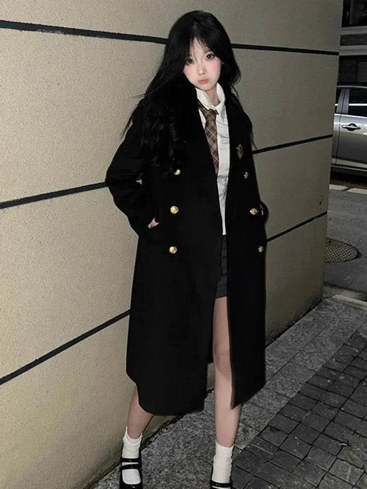 Jk Uniform Wool Coat Women Fashion Japanese Preppy Elegant Badge Black Midi Outwear Autumn Winter Sweet Long Sleeve Quilted Tops