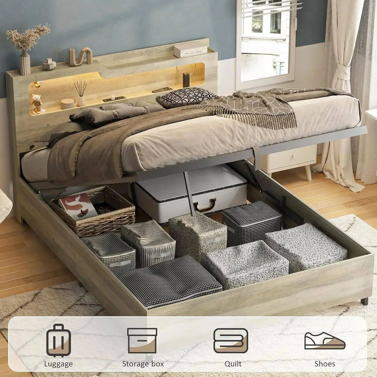 [Oferta por Tempo Limitado + Frete Grátis!] Cama Queen Size com Baú e Estação de Carregamento, Cabeceira de 2 Níveis