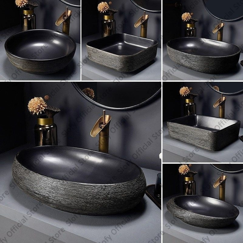 Retro Art Ceramic Sink Multiple Styles Black Washbasin Single Bowl Low-Key Luxury Countertop Basins For Household Hotel Bathroom