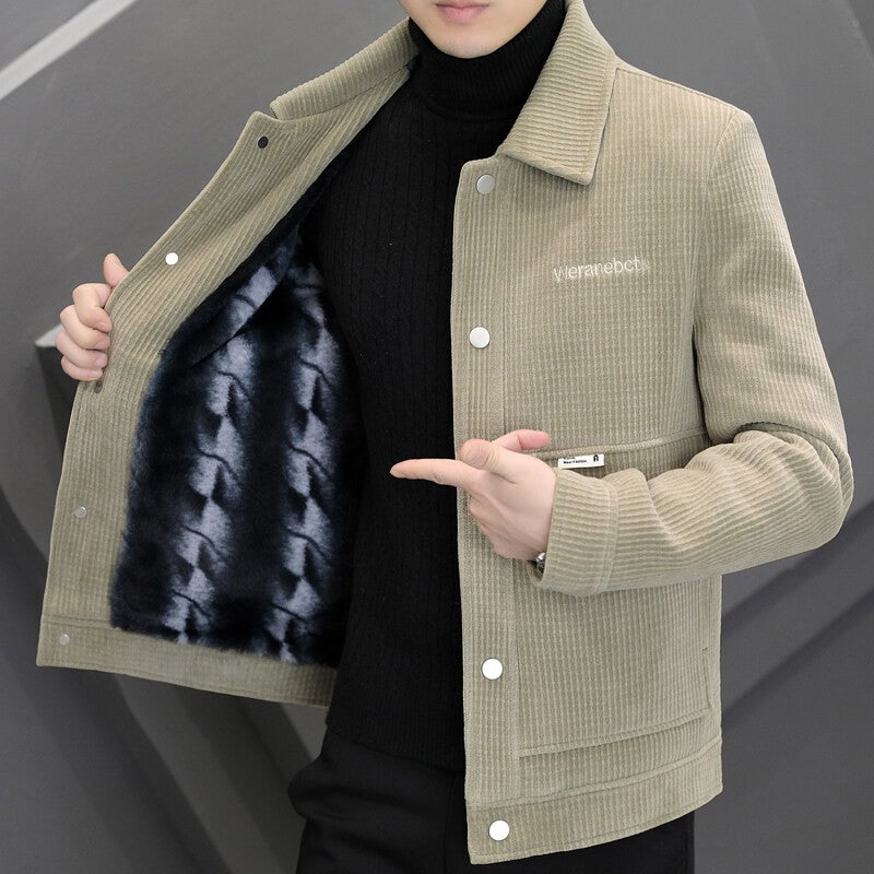 Men's Fleece-Lined Thickened Warm Casual Jacket New Turn-Down Collar Trendy Short Wool Coat Woolen Overcoat