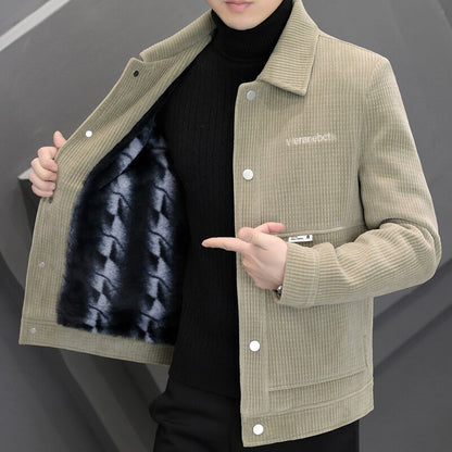 Men's Fleece-Lined Thickened Warm Casual Jacket New Turn-Down Collar Trendy Short Wool Coat Woolen Overcoat