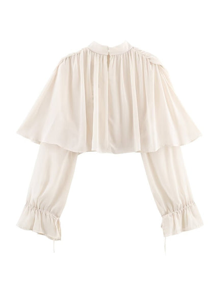 Elegant Women's Tierred Ruffles Blouse Chic Long Sleeve Loose Crop Shirt 2026 Spring New Chic Half High Collar Woman Solid Top