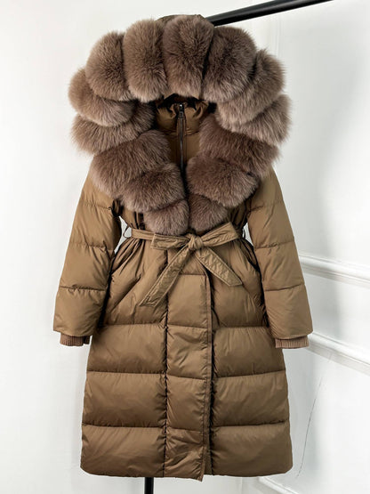 Janveny New Winter Long Hooded Puffer Jacket Women Warm Thickened Real Fox Fur Collar White Goose Down Jacket Waterproof Parkas