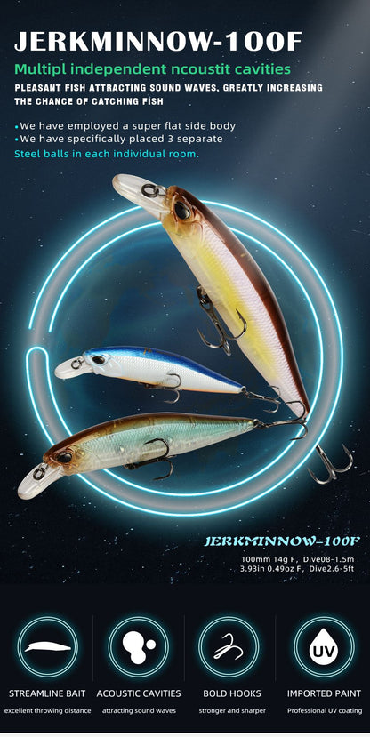 MEREDITH JERK MINNOW 100F 14g Flutuante Wobbler Isca de Pesca 24 Cores Isca Minnow Isca Dura Qualidade Profissional Profundidade0.8-1.0m