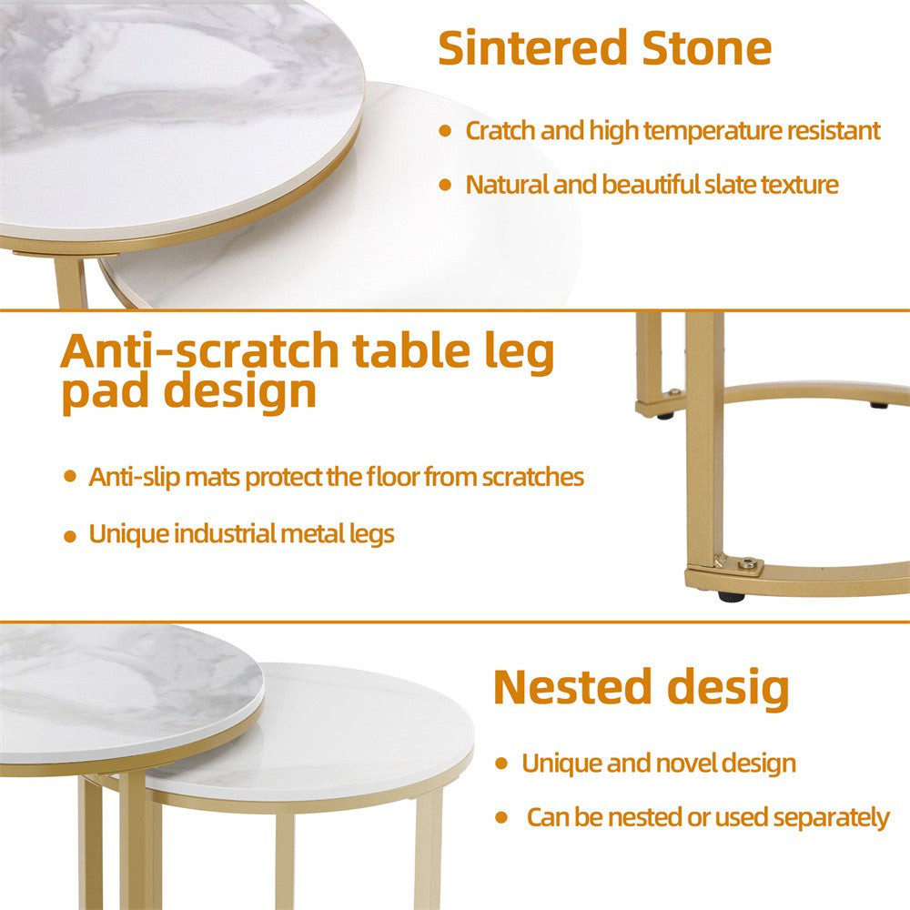 LUVODI Set of 2 Nesting Coffee Side Table Modern Accent End Table Metal Frame Round Sintered Stone Table Top for Living Room