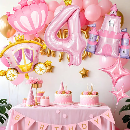 6-Piece Princess Theme Party Decoration Set: Princess Carriage + Pink Castle + 40-inch Numbers + Crown Heart + Star Foil Balloon
