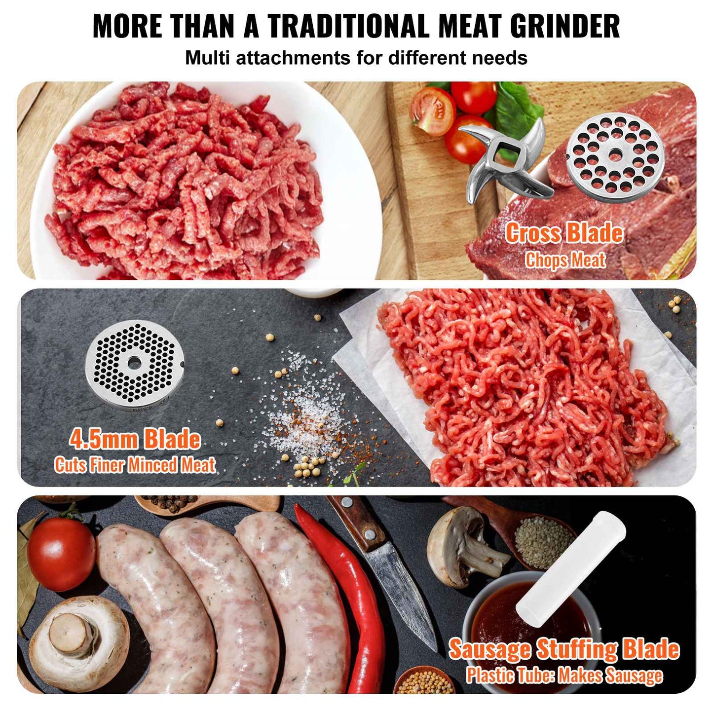 Moedor de Carne Elétrico VEVOR, Moedores de Carne e Lâmina, Chapa de Moagem em Aço Inoxidável Comercial para Cozinha, Restaurante, Açougue