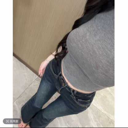 High Waist Flared Jeans Women's Double Buckle Elastic Floor-Length Pants Black Slim Fit Stretchy Trousers Self-Fabric Pad