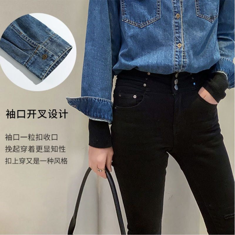 Korean Women Long Sleeve Jeans Shirt With Bottom Tops Coat Retro Style Female Spring Loose Cowboy Cardigan Blouse Denim  Jacket