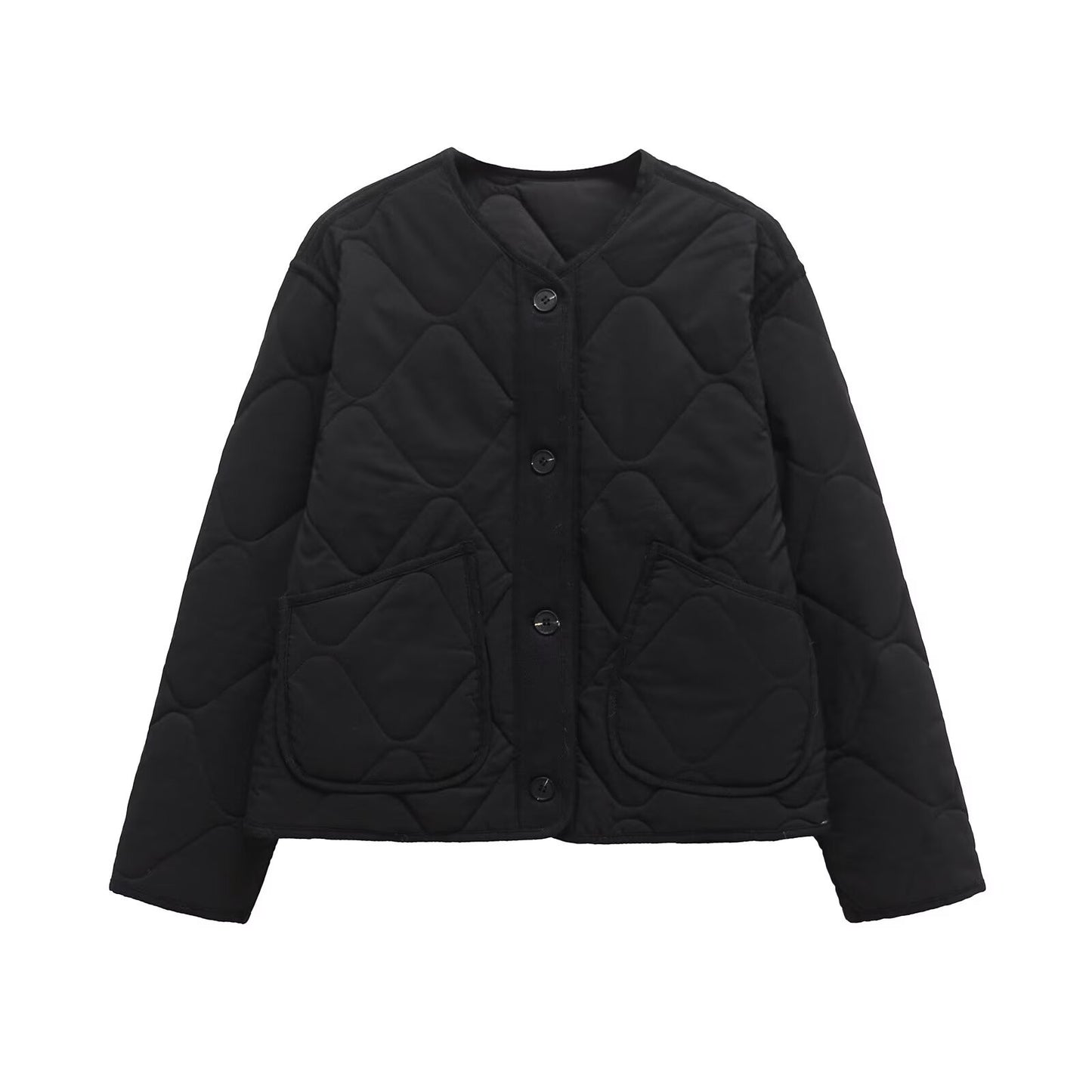 ETJ 2025 TRAF Spring new women's vintage crewneck quilted cotton-padded loose version of quilted casual jacket
