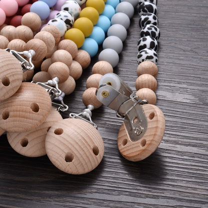 Baby Wooden Pacifier Clip Silicone Teether Round Beads Dummy Holder Chain For Baby Teething Nursing Chewing Toys Shower Gifts