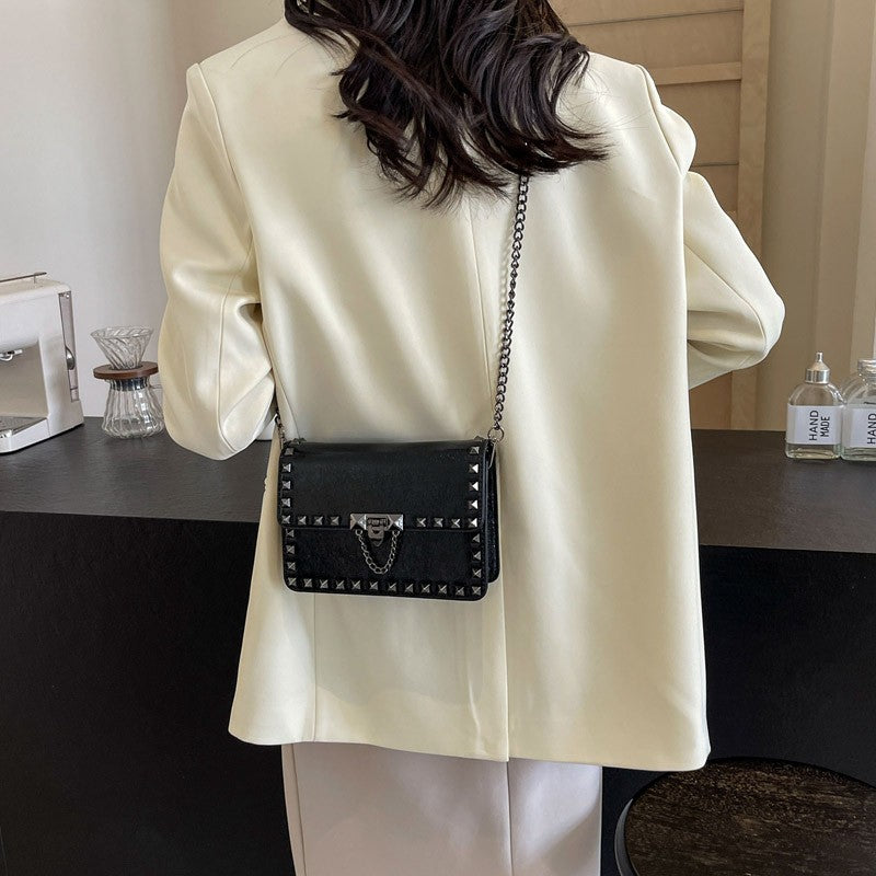 Rivet Small Shoulder Bags For Women Black Punk style Crossbody Bag Fashion Chain Flap Bag Leather Purses Designer Female Handbag