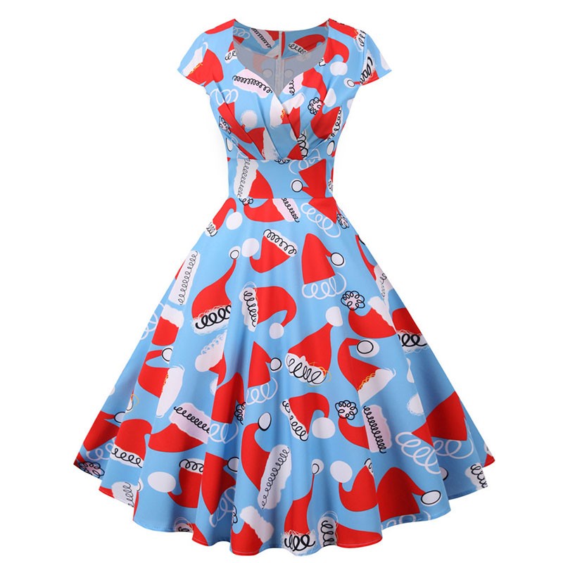 Fashion V-neck Short Sleeve Printed Christmas Dress Large Swing Vintage Elegant Xmas Party Dress