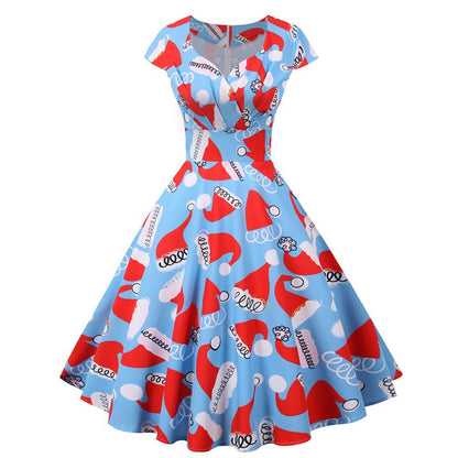 Fashion V-neck Short Sleeve Printed Christmas Dress Large Swing Vintage Elegant Xmas Party Dress