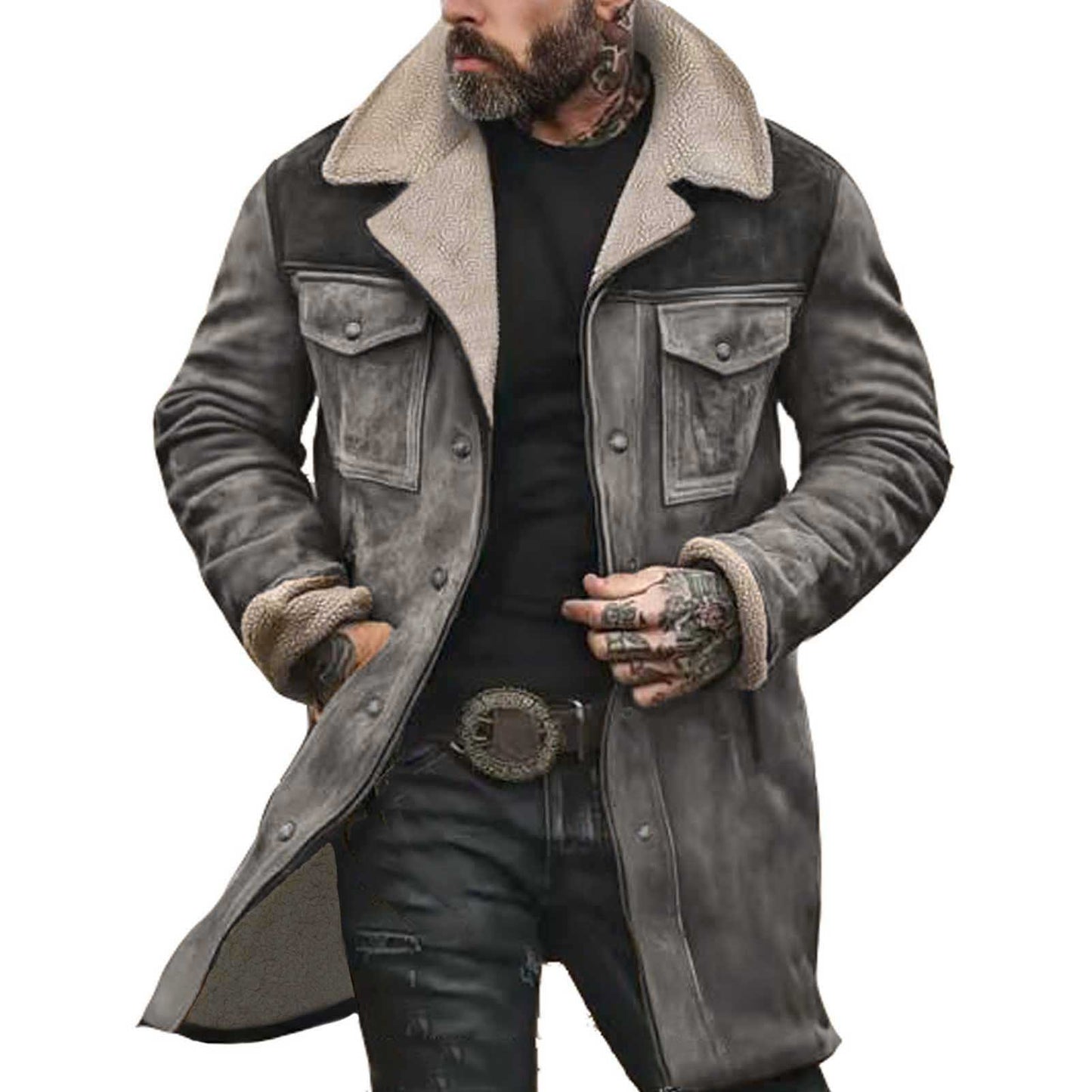 Autumn Winter Men Jacket Lapel Single-Breasted Mid-Length Coat Windproof Jacket Suede Multi Pockets Outerwear Men Clothing