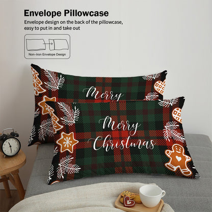 3-piece Christmas themed red checkered Christmas Happy English pattern print (1 duvet cover+2 pillowcases, no core) bedding set