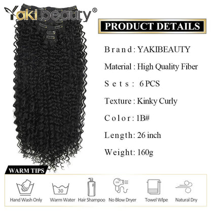 Extensões de Cabelo Sintético Jerry Cacheado 26'' Dupla Trama 6 Peças/Conjunto Clip-In Cabeça Cheia Orgânico Seda Gelo Aplique Preto/Marrom 160g