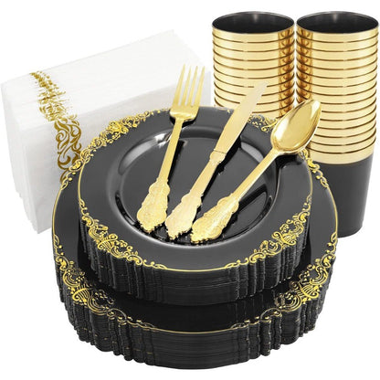 175pcs Clear Black Plastic Plates with Gold Accents Premium Disposable Dinnerware Set for 25 Guests Featuring 50 Plates 75 Gold