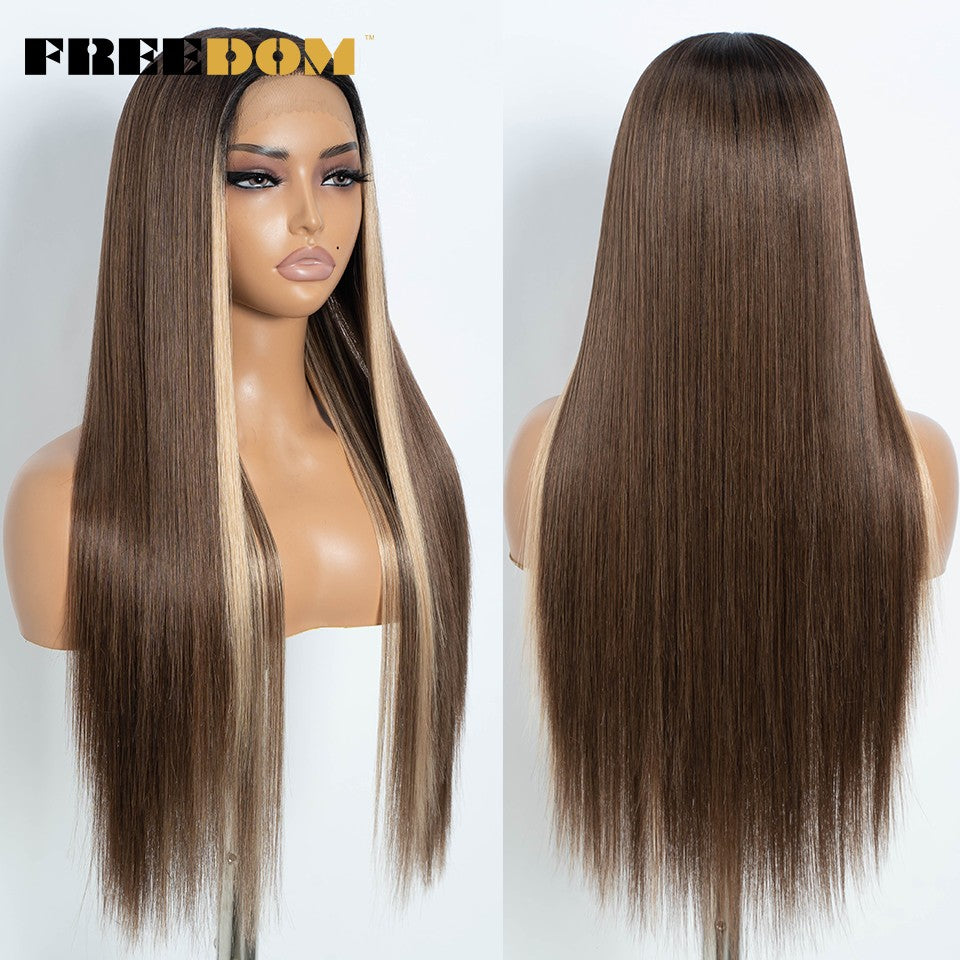FREEDOM Synthetic Lace Front Wigs For Women Ombre Brown Highlight Long Straight Lace Wig Heat Resistant Cosplay Wigs