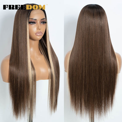 FREEDOM Synthetic Lace Front Wigs For Women Ombre Brown Highlight Long Straight Lace Wig Heat Resistant Cosplay Wigs
