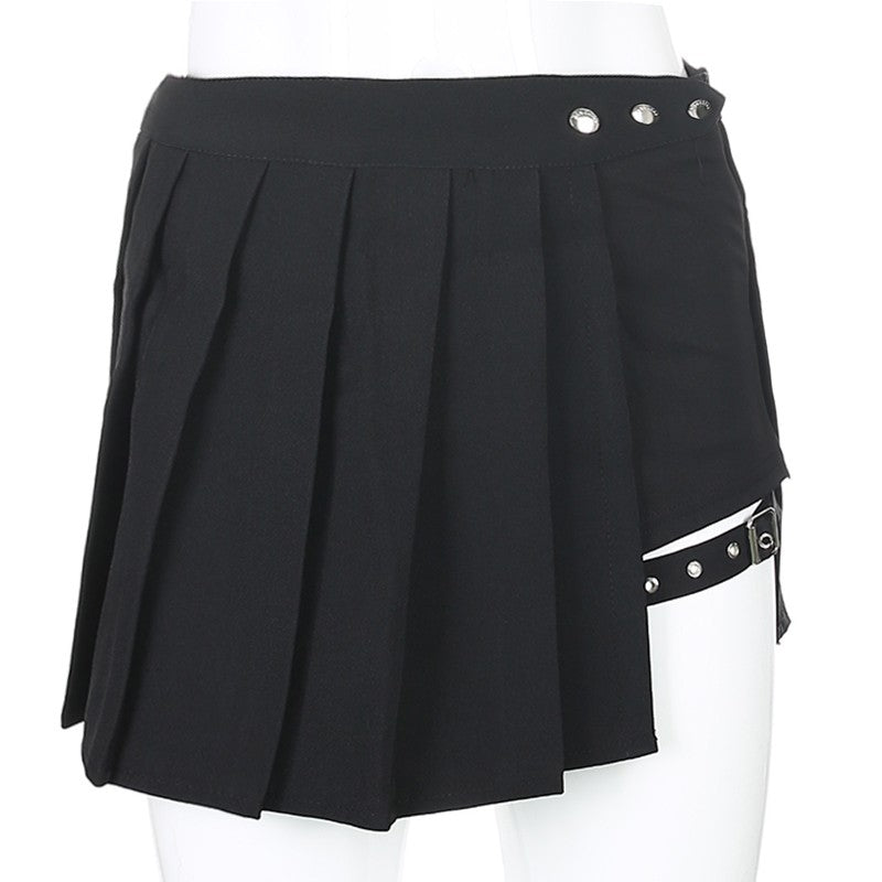Pleated Girls Gothic Half Skirts Summer Harajuku Punk Style Plaid Irregular Skirts Women Asymmetrical High Waist Black Skirts