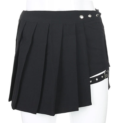 Pleated Girls Gothic Half Skirts Summer Harajuku Punk Style Plaid Irregular Skirts Women Asymmetrical High Waist Black Skirts