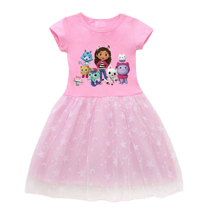 2024 New Summer Cartoon Gabby Cats Dresses Baby Girls Princess Dress Bag Headband Kids Gabby's Dollhouse Cosplay Costume