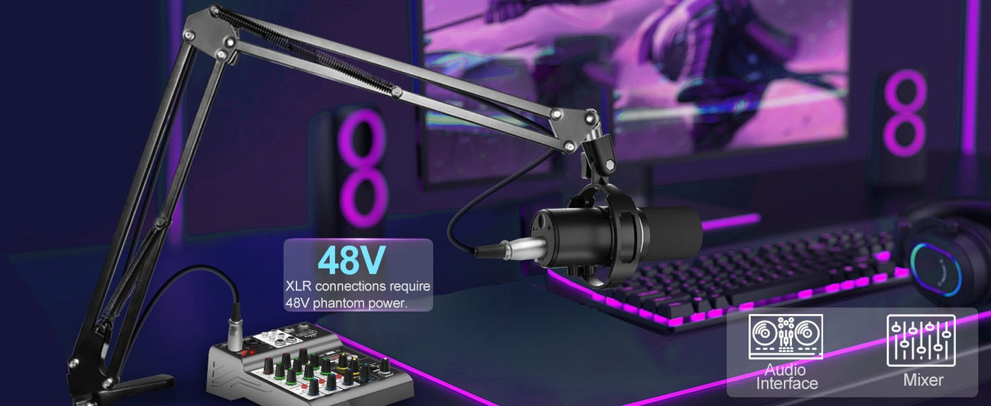 Kit de Microfone Dinâmico XLR/USB, Microfone de PC para Transmissão, Podcast, Jogos, RGB, Função de Silenciar e Cancelamento de Ruído, Volume