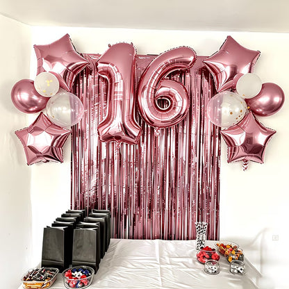 6pcs Pink Five-Pointed Star Balloon and Tassel Curtain Set, Suitable for Birthday Parties, Family Anniversaries, Engagement/Wedd