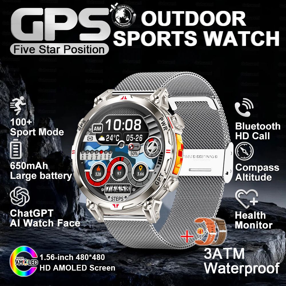 2025 Novo Relógio Inteligente Militar GPS para Exteriores Masculino 650mAh Bússola Altímetro 10ATM à Prova D'água Frequência Cardíaca Chamada Esportiva Smartwatch