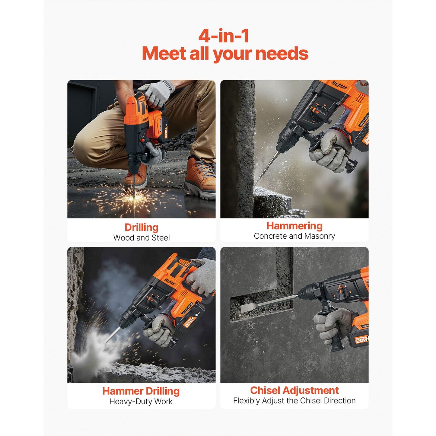 Furadeira de Impacto sem Fio Brushless 20V 26/28mm 1 polegada SDS-Plus Furadeira Rotativa Elétrica Leve Kit de Ferramentas Elétricas SucceBuy