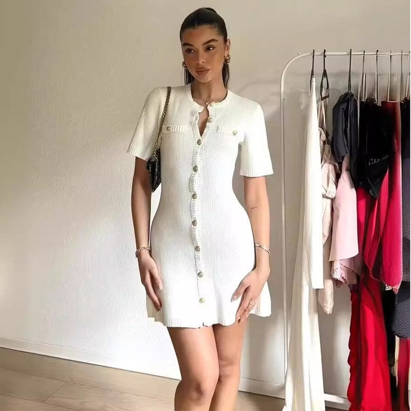 White Elegant Knitted Mini Dress For Women Metal Button Sexy Slim Rib Sweater Dr