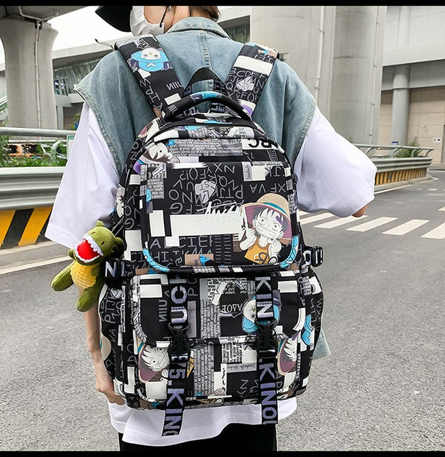 Mochila Anime Masculina e Feminina de Grande Capacidade One Piece Luffy Graffiti Estampada para Alunos do Ensino Médio