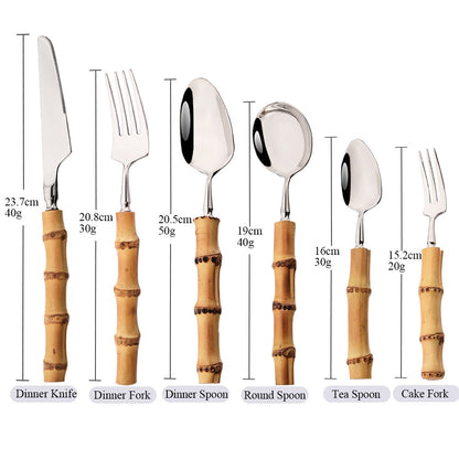 1Pç Conjunto de Talheres de Bambu Natural com Cabo de Aço Inoxidável Utensílios de Mesa Garfos de Jantar Colher Faca Talheres de Cozinha