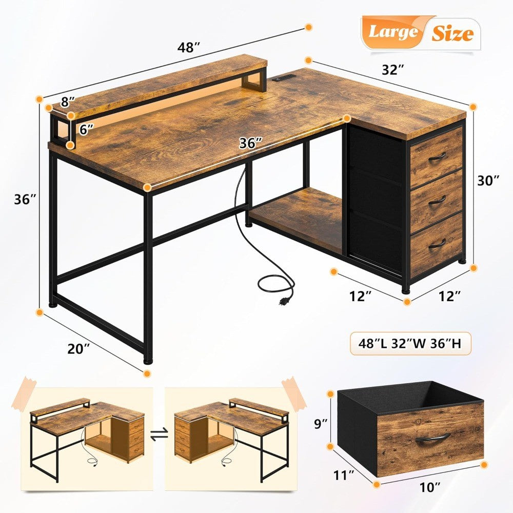 Mesa Gamer em L com Luzes de LED e Tomada, Mesa de Canto de 122 cm com Gavetas, Mesa de Escritório Reversível com Monit