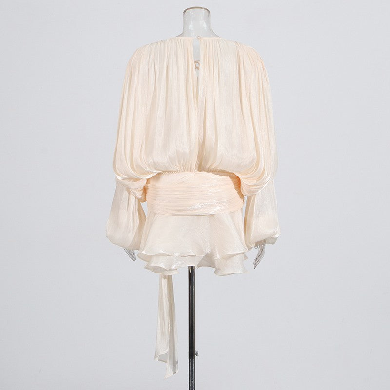 TWOTWINSTYLE Elegant Ruched Mini Dress For Women Round Neck Lantern Long Sleeve