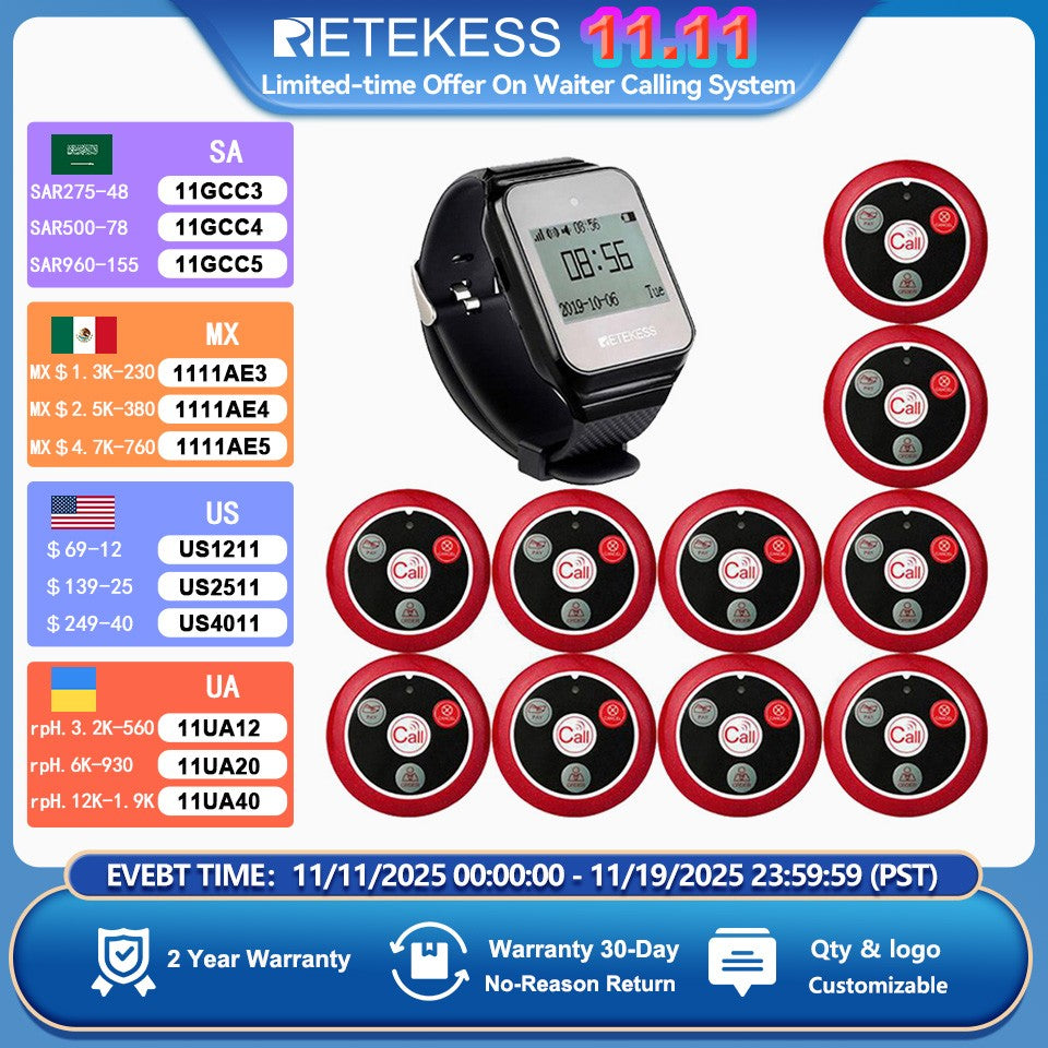 Retekess Wireless Calling System Restaurant Pager TD108 Waterproof Watch Receiver T117 Waiter Call Buttons For Hookah Cafe Bar