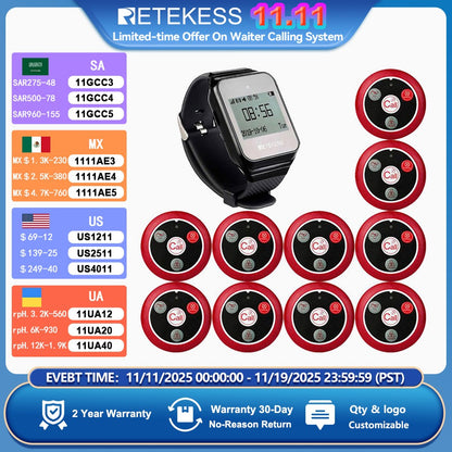 Retekess Wireless Calling System Restaurant Pager TD108 Waterproof Watch Receiver T117 Waiter Call Buttons For Hookah Cafe Bar