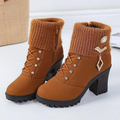 Women's Designer High Heels Shoes 2023 Winter New Warm Non-slip Block Cow Suede Warm Snow Boots Fashion Crystal Plush Goth Botas