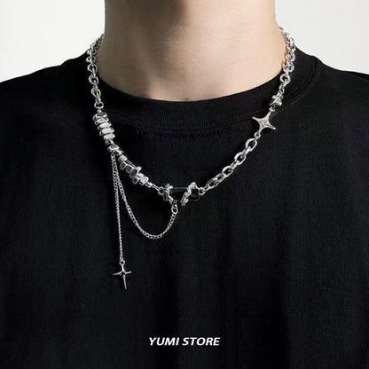 Colar de aço de titânio estrela preta para homens e mulheres, pingente de cruz moderno, colar de camisola, joias de hip hop, acessórios masculinos kpop