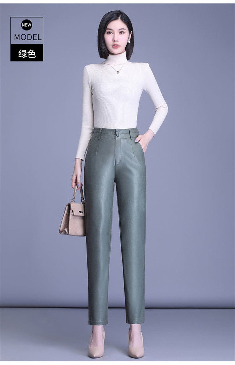 2023 Spring Autumn Sheepskin Pants Women High-waist Straight Pants Slim Lady Genuine Leather Casual Trousers Ankle-Length Pants