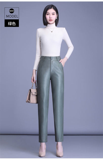 2023 Spring Autumn Sheepskin Pants Women High-waist Straight Pants Slim Lady Genuine Leather Casual Trousers Ankle-Length Pants