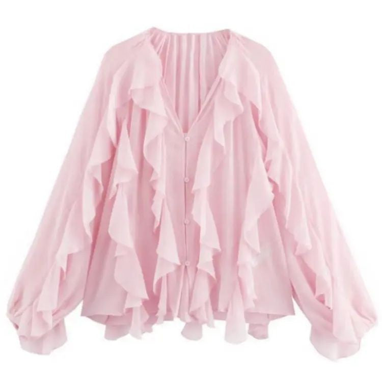 2025 Summer Chic Women's Elegant Loose Long Sleeve Layered Shirts Office Lady Vintage V-neck Translucent Tierred Ruffles Blouses