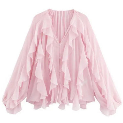 2025 Summer Chic Women's Elegant Loose Long Sleeve Layered Shirts Office Lady Vintage V-neck Translucent Tierred Ruffles Blouses